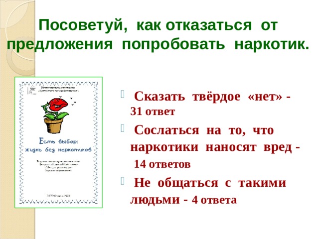 Посоветуй, как отказаться от предложения попробовать наркотик.  Сказать твёрдое «нет» - 31 ответ  Сослаться на то, что наркотики наносят вред - 14 ответов  Не общаться с такими людьми - 4 ответа 