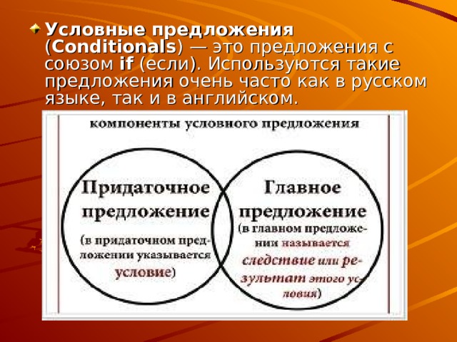 Условные предложения ( Conditionals )   — это предложения с союзом if (если). Используются такие предложения очень часто как в русском языке, так и в английском. 