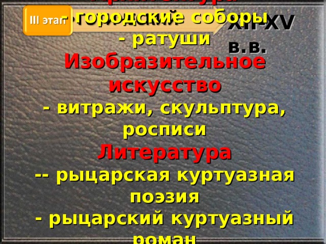 XII-XV в.в. Архитектура  - городские соборы  - ратуши  Изобразительное искусство  - витражи, скульптура, росписи  Литература  -- рыцарская куртуазная поэзия  - рыцарский куртуазный роман  - городская литература 