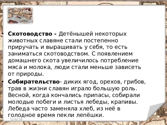Скотоводство - Детёнышей некоторых животных славяне стали постепенно приручать и выращивать у себя, то есть заниматься скотоводством. С появлением домашнего скота увеличилось потребление мяса и молока, люди стали меньше зависеть от природы. Собирательство - диких ягод, орехов, грибов, трав в жизни славян играло большую роль. Весной, когда кончались припасы, собирали молодые побеги и листья лебеды, крапивы. Лебеда часто заменяла хлеб, из неё в голодное время пекли лепёшки. 12.02.16   