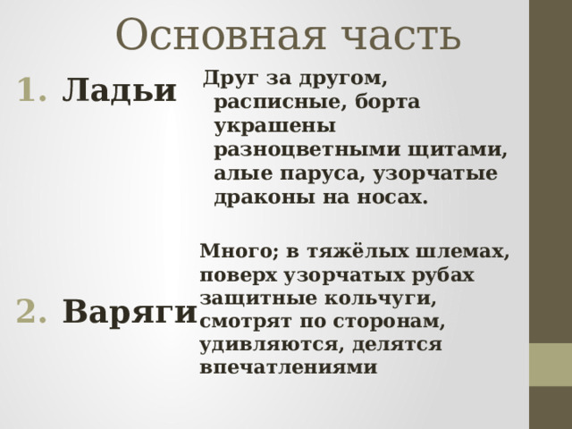 Основная часть Друг за другом, расписные, борта украшены разноцветными щитами, алые паруса, узорчатые драконы на носах.  Много; в тяжёлых шлемах, поверх узорчатых рубах защитные кольчуги, смотрят по сторонам, удивляются, делятся впечатлениями  Ладьи     Варяги 