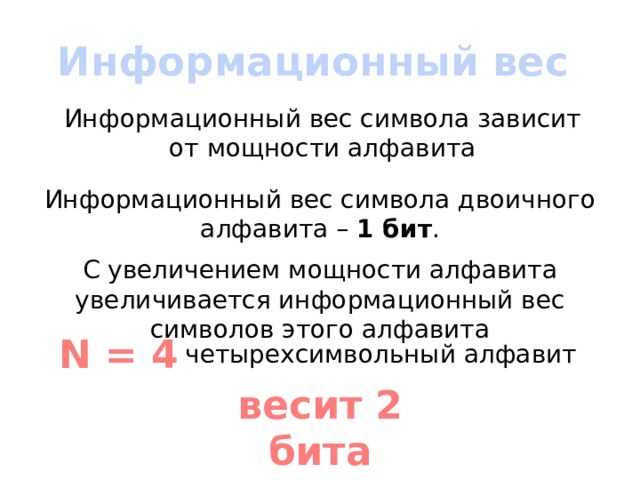Информационный вес Информационный вес символа зависит от мощности алфавита Информационный вес символа двоичного алфавита – 1 бит . С увеличением мощности алфавита увеличивается информационный вес символов этого алфавита N = 4 четырехсимвольный алфавит весит 2 бита 