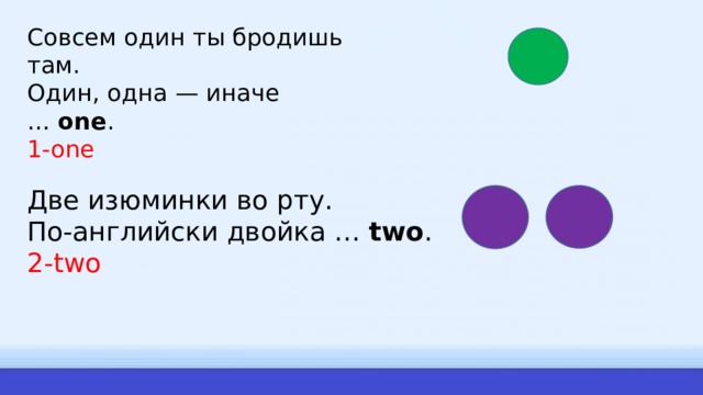 Совсем один ты бродишь там.  Один, одна — иначе …  one . 1-one Две изюминки во рту.  По-английски двойка …  two . 2-two 