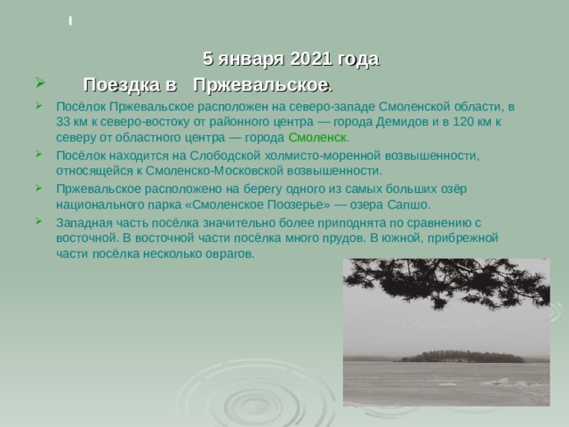   5 января 2021 года  Поездка в Пржевальское . Посёлок Пржевальское расположен на северо-западе Смоленской области, в 33 км к северо-востоку от районного центра — города Демидов и в 120 км к северу от областного центра — города  Смоленск . Посёлок находится на Слободской холмисто-моренной возвышенности, относящейся к Смоленско-Московской возвышенности. Пржевальское расположено на берегу одного из самых больших озёр национального парка «Смоленское Поозерье» — озера Сапшо. Западная часть посёлка значительно более приподнята по сравнению с восточной. В восточной части посёлка много прудов. В южной, прибрежной части посёлка несколько оврагов. 