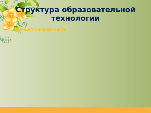 Структура образовательной технологии Концептуальная часть Содержательная часть Процессуальная часть 