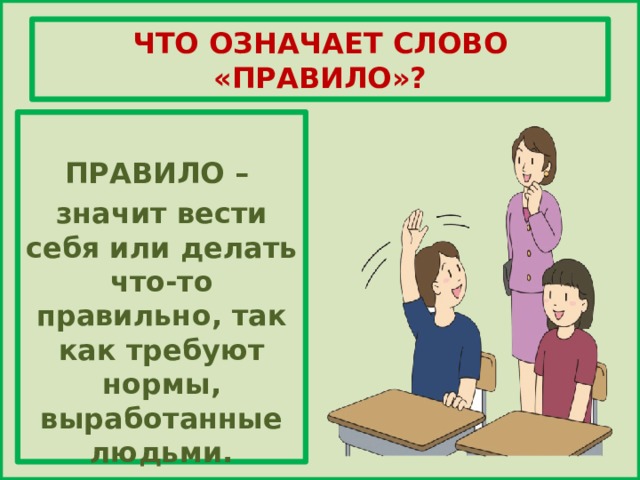 ЧТО ОЗНАЧАЕТ СЛОВО «ПРАВИЛО»?  ПРАВИЛО – значит вести себя или делать что-то правильно, так как требуют нормы, выработанные людьми. 