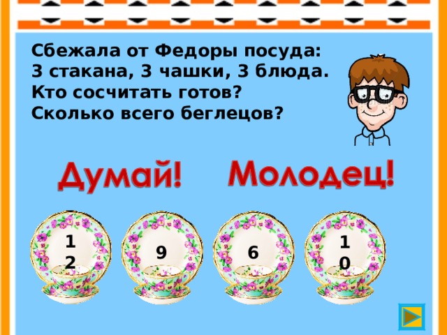 Сбежала от Федоры посуда:  3 стакана, 3 чашки, 3 блюда.  Кто сосчитать готов?  Сколько всего беглецов? 12 9 6 10 