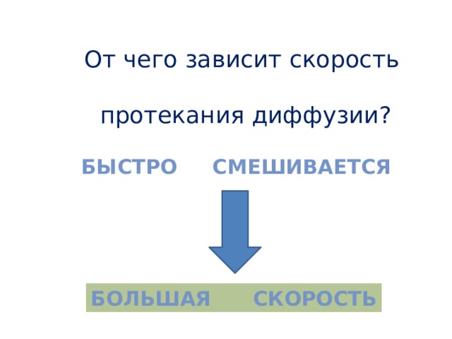 От чего зависит скорость   протекания диффузии? Быстро смешивается Большая скорость 