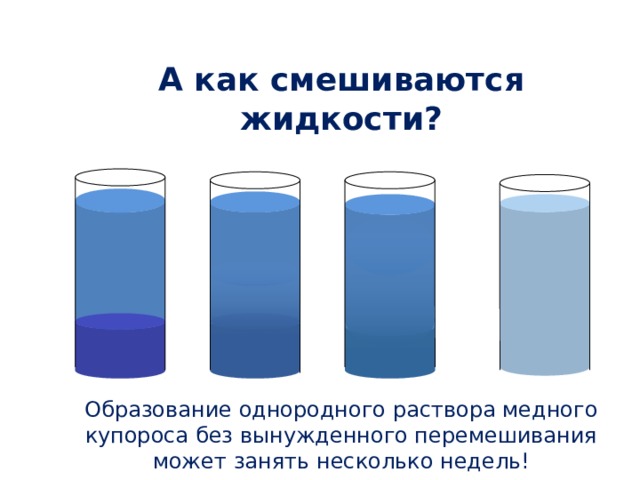 А как смешиваются жидкости? Вода Раствор медного купороса Образование однородного раствора медного купороса без вынужденного перемешивания может занять несколько недель! 