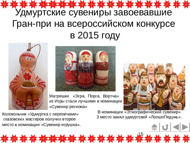 Удмуртские сувениры завоевавшие  Гран-при на всероссийском конкурсе  в 2015 году  Матрешки «Эгра, Порга, Вортча»  из Игры стали лучшими в номинации  «Сувенир региона»   В номинации «Этнографический сувенир»  3 место занял удмуртский «ЛопшоПедунь». Колокольчик «Удмуртка с перепечами»  глазовских мастеров получил второе место в номинации «Сувенир-игрушка».  