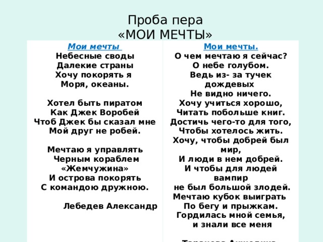 Проба пера  «МОИ МЕЧТЫ» Мои мечты Небесные своды Далекие страны Хочу покорять я Моря, океаны.   Хотел быть пиратом Как Джек Воробей Чтоб Джек бы сказал мне Мой друг не робей.   Мечтаю я управлять  Черным кораблем «Жемчужина» И острова покорять С командою дружною.    Лебедев Александр Мои мечты.    О чем мечтаю я сейчас? О небе голубом. Ведь из- за тучек дождевых Не видно ничего. Хочу учиться хорошо, Читать побольше книг. Достичь чего-то для того, Чтобы хотелось жить. Хочу, чтобы добрей был мир, И люди в нем добрей. И чтобы для людей вампир  не был большой злодей. Мечтаю кубок выиграть По бегу и прыжкам. Гордилась мной семья,  и знали все меня  Таранова Анжелика   