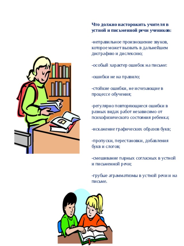  Что должно насторожить учителя в устной и письменной речи учеников:  -неправильное произношение звуков, которое может вызвать в дальнейшем дисграфию и дислексию; -особый характер ошибок на письме: -ошибки не на правило; -стойкие ошибки, не исчезающие в процессе обучения; -регулярно повторяющиеся ошибки в разных видах работ независимо от психофизического состояния ребенка; -искажение графических образов букв; -пропуски, перестановки, добавления букв и слогов; -смешивание парных согласных в устной и письменной речи; -грубые аграмматизмы в устной речи и на письме. 