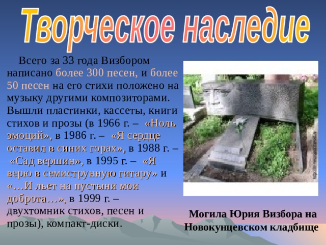 Всего за 33 года Визбором написано более 300 песен, и более 50 песен на его стихи положено на музыку другими композиторами. Вышли пластинки, кассеты, книги стихов и прозы (в 1966 г. – «Ноль эмоций», в 1986 г. – «Я сердце оставил в синих горах», в 1988 г. – «Сад вершин», в 1995 г. – «Я верю в семиструнную гитару» и «…И льет на пустыни мои доброта…», в 1999 г. – двухтомник стихов, песен и прозы), компакт-диски. Могила Юрия Визбора на Новокунцевском кладбище 