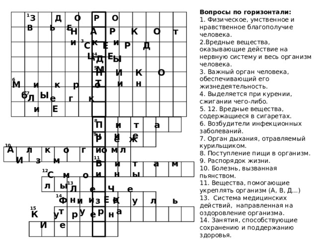 Вопросы по горизонтали: 1. Физическое, умственное и нравственное благополучие человека. 2.Вредные вещества, оказывающие действие на нервную систему и весь организм человека. 3. Важный орган человека, обеспечивающий его жизнедеятельность. 4. Выделяется при курении, сжигании чего-либо. 5. 12. Вредные вещества, содержащиеся в сигаретах. 6. Возбудители инфекционных заболеваний. 7. Орган дыхания, отравляемый курильщиком. 8. Поступление пищи в организм. 9. Распорядок жизни. 10. Болезнь, вызванная пьянством. 11. Вещества, помогающие укреплять организм (А, В, Д…) 13. Система медицинских действий, направленная на оздоровление организма. 14. Занятия, способствующие сохранению и поддержанию здоровья. 15. Одна из наиболее распространенных привычек, приносящих вред здоровью. 1  З Д О Р О В Ь Е 2  Н А Р К О т и к и 3  С Е Р Д Ц Е 4 Д Ы М 5 Н И К О Т и н 6 М и к р о б Ы 7 Л е г к и Е 8 П и т а н и е 9 Р е ж и м 10 А л к о г о л И з м 11 В и т а м и н ы 12  С м о л ы 13 Л е Ч е н и Е е 14 Ф и з К у л ь т у р а 15 К у р е н И е  