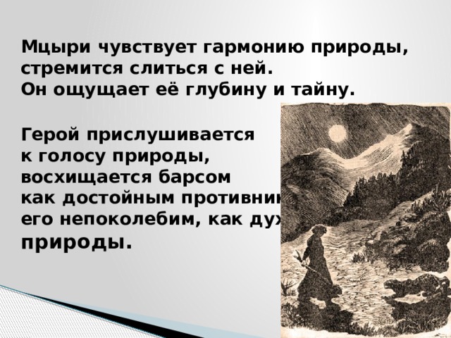 Мцыри чувствует гармонию природы, стремится слиться с ней.  Он ощущает её глубину и тайну.    Герой прислушивается  к голосу природы,  восхищается барсом  как достойным противником, и дух его непоколебим, как дух самой  природы. 