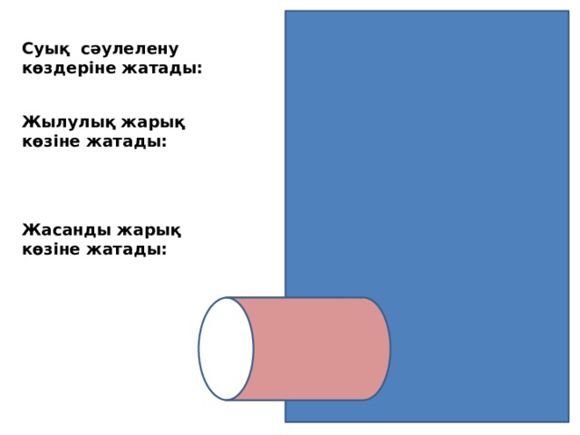 Суық сәулелену көздеріне жатады: Люминесцентті шамдар Жылулық жарық көзіне жатады: қыздыру шамы, оттың жалыны, жылыту радиаторы Жасанды жарық көзіне жатады: Газ разрядты құрал   