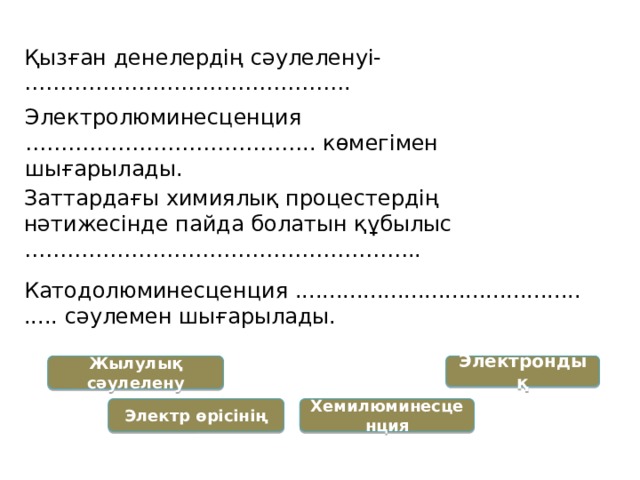 Қызған денелердің сәулеленуі- ………………………………………. Электролюминесценция ………………………………….. көмегімен шығарылады.   Заттардағы химиялық процестердің нәтижесінде пайда болатын құбылыс ……………………………………………….. Катодолюминесценция ............................................... сәулемен шығарылады. Электрондық Жылулық сәулелену Электр өрісінің Хемилюминесценция 