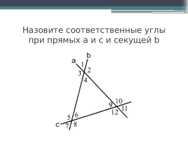 Назовите соответственные углы  при прямых а и с и секущей b 