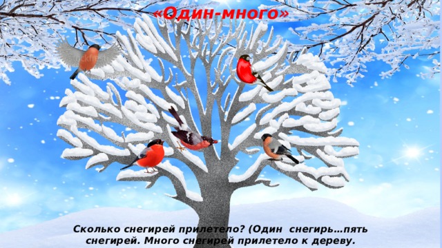 «Один-много» Сколько снегирей прилетело? (Один снегирь…пять снегирей. Много снегирей прилетело к дереву. 