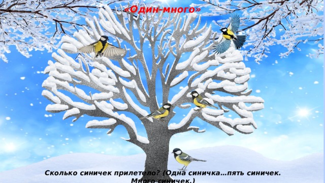 «Один-много» Сколько синичек прилетело? (Одна синичка…пять синичек. Много синичек.) 