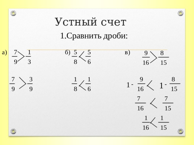 Устный счет 1.Сравнить дроби: 1 б) 5 5 в) а) 7 9 8 3 6 9 8 16 15 1 7 3 9 1 8 1 - - 1 9 9 15 6 16 8 7 7 16 15 1 1 15 16 
