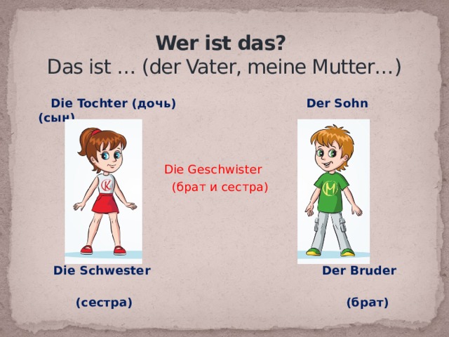  Wer ist das?  Das ist … (der Vater, meine Mutter…)  Die Tochter (дочь) Der Sohn (сын)  Die Geschwister  (брат и сестра)    Die Schwester Der Bruder  (сестра) (брат) 