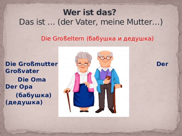  Wer ist das?  Das ist … (der Vater, meine Mutter…)  Die Großeltern (бабушка и дедушка) Die Großmutter Der Großvater  Die Oma Der Opa  (бабушка) (дедушка) 