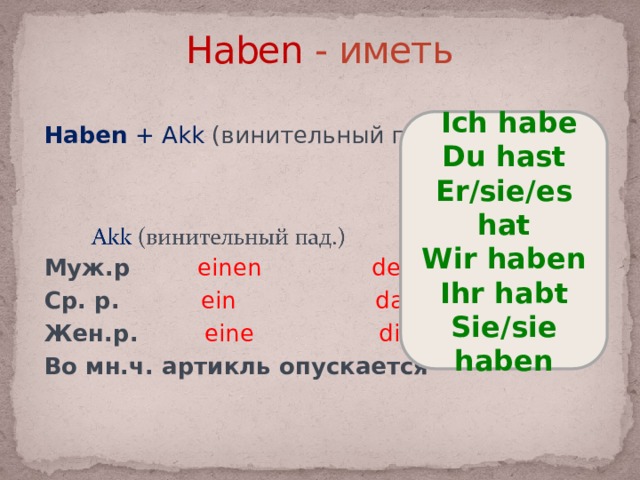 Haben - иметь Haben + Akk (винительный пад.) Муж.р  einen den Ср. р.  ein das Жен.р.  eine die Во мн.ч. артикль опускается  Ich habe Du hast Er/sie/es hat Wir haben Ihr habt Sie/sie haben 