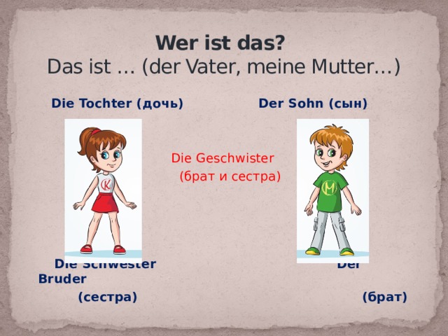  Wer ist das?  Das ist … (der Vater, meine Mutter…)  Die Tochter (дочь) Der Sohn (сын)  Die Geschwister  (брат и сестра)    Die Schwester Der Bruder  (сестра) (брат) 