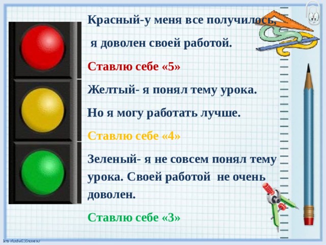 Красный-у меня все получилось,  я доволен своей работой. Ставлю себе «5» Желтый- я понял тему урока. Но я могу работать лучше. Ставлю себе «4» Зеленый- я не совсем понял тему урока. Своей работой не очень доволен. Ставлю себе «3»  