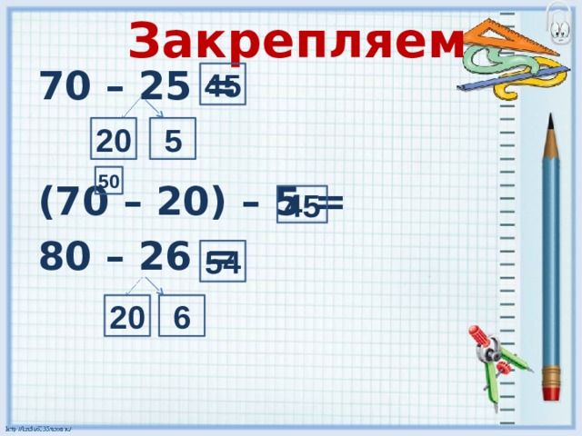 Закрепляем 70 – 25 =  (70 – 20) – 5 = 80 – 26 =   45 20 5 50 45 54 20 6