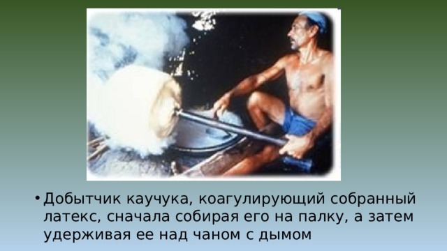 Добытчик каучука, коагулирующий собранный латекс, сначала собирая его на палку, а затем удерживая ее над чаном с дымом 