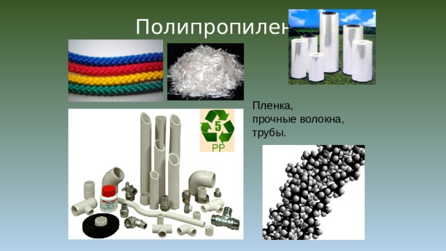 Полипропилен Пленка, прочные волокна, трубы.  