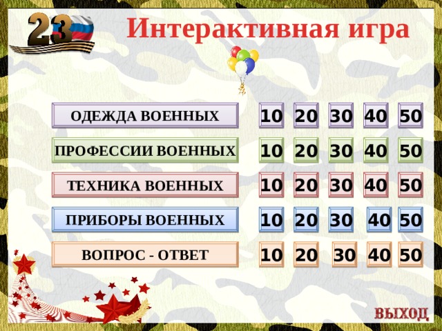 Интерактивная игра 40 50 30 Одежда военных 20 10 10 20 30 50 Профессии военных 40 Техника военных 20 50 40 30 10 Приборы военных 40 30 50 20 10 Вопрос - ответ 50 40 30 20 10  