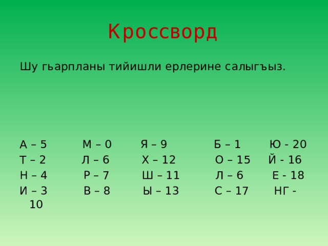 Кроссворд Шу гьарпланы тийишли ерлерине салыгъыз. A – 5 М – 0 Я – 9 Б – 1 Ю - 20 T – 2 Л – 6 Х – 12 О – 15 Й - 16 H – 4 Р – 7 Ш – 11 Л – 6 Е - 18 И – 3 В – 8 Ы – 13 С – 17 НГ - 10 