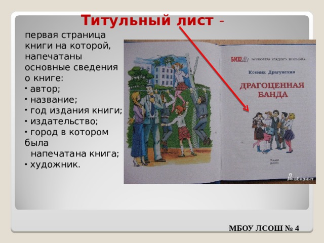 Титульный лист - первая страница книги на которой, напечатаны основные сведения о книге:  автор;  название;  год издания книги;  издательство;  город в котором была  напечатана книга;  художник. МБОУ ЛСОШ № 4 