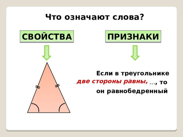 ǁ ǁ Что означают слова? СВОЙСТВА ПРИЗНАКИ Если в треугольнике ……………………….. , то он равнобедренный два угла равны, две стороны равны, 