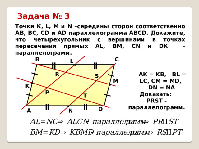 Задача № 3 Точки К, L, М и N –середины сторон соответственно АВ, ВС, СD и АD параллелограмма АВСD. Докажите, что четырехугольник с вершинами в точках пересечения прямых АL, ВМ, СN и DК – параллелограмм. C B L ǁ ǁ АK = KB, BL = LC, CM = MD, DN = NA R S M K P Доказать: PRST - параллелограмм. T ǁ ǁ D N A  