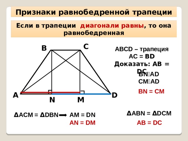 ∟ ∟ Признаки равнобедренной трапеции Если в трапеции диагонали равны , то она равнобедренная С В АВСD – трапеция АС = ВD Доказать: АВ = DC BN⏊AD CM⏊AD BN = CM D А N M Δ ABN = Δ DCM AM = DN Δ AСМ = Δ DBN AN = DM AB = DC 