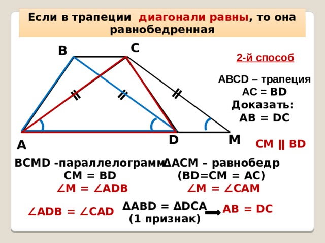 ǁ ǁ ǁ Если в трапеции диагонали равны , то она равнобедренная С В 2-й способ АВСD – трапеция АС = ВD Доказать: АВ = DC M D СМ ǁ ВD А ΔAСМ – равнобедр ВСМD -параллелограмм (BD=СМ = АС) СМ = BD ∠ М = ∠СAМ ∠ М = ∠АDB ΔABD = ΔDCA (1 признак) АВ = DC ∠ ADB = ∠СAD 