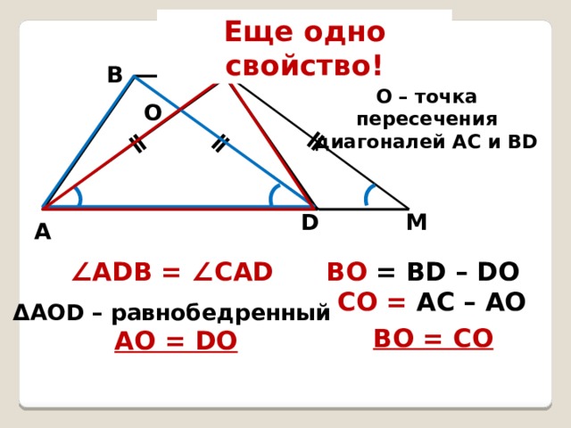 ǁ ǁ ǁ Еще одно свойство! С В О – точка пересечения диагоналей АС и BD О M D А BO = BD – DO ∠ ADB = ∠СAD CO = AC – AO ΔAOD – равнобедренный AO = DO ВO = СO 