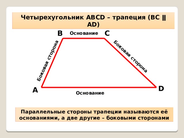 Боковая сторона Боковая сторона Четырехугольник АВСD – трапеция (ВС ǁ АD ) В С Основание D А Основание Параллельные стороны трапеции называются её основаниями, а две другие – боковыми сторонами 
