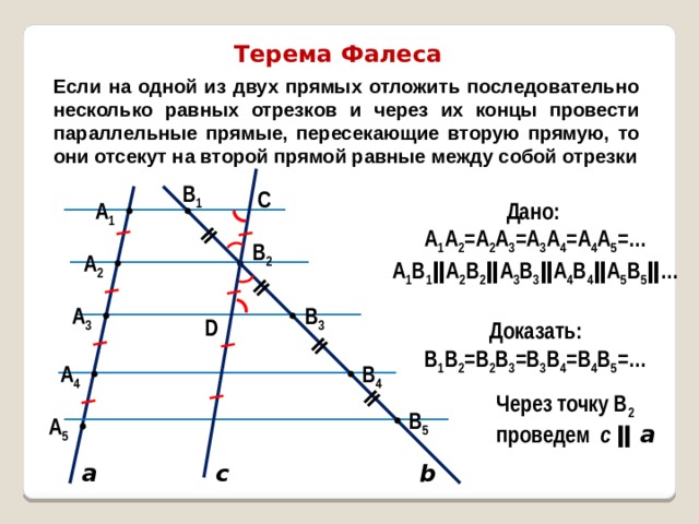 ǁ ǁ ǁ ǁ Терема Фалеса Если на одной из двух прямых отложить последовательно несколько равных отрезков и через их концы провести параллельные прямые, пересекающие вторую прямую, то они отсекут на второй прямой равные между собой отрезки В 1 С А 1 Дано: А 1 А 2 =А 2 А 3 =А 3 А 4 =А 4 А 5 =… А 1 В 1 ǁА 2 В 2 ǁА 3 В 3 ǁА 4 В 4 ǁА 5 В 5 ǁ…  Доказать: В 1 В 2 =В 2 В 3 =В 3 В 4 =В 4 В 5 =… В 2 А 2 А 3 В 3 D А 4 В 4 Через точку В 2 проведем c  ǁ a В 5 А 5 a b c 
