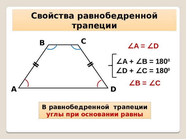 ǁ ǁ Свойства равнобедренной трапеции С В ∠ A = ∠D ∠ A + ∠B = 180 0 ∠ D + ∠C = 180 0 ∠ B = ∠C А D В равнобедренной трапеции углы при основании равны 