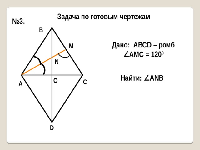 Задача по готовым чертежам № 3. В Дано: АВСD – ромб ∠ АМС = 120 0 М N Найти: ∠ANB О С А D 
