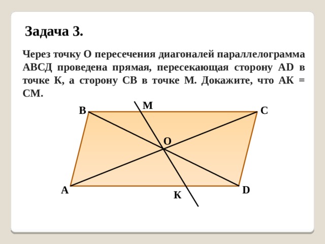 Задача 3. Через точку О пересечения диагоналей параллелограмма АВСД проведена прямая, пересекающая сторону АD в точке К, а сторону СВ в точке М. Докажите, что АК = СМ. М В С О А D К 
