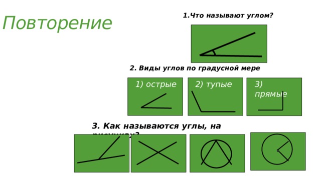 Повторение 1.Что называют углом? 2. Виды углов по градусной мере 1) острые  3) прямые 2) тупые 3. Как называются углы, на рисунках? 