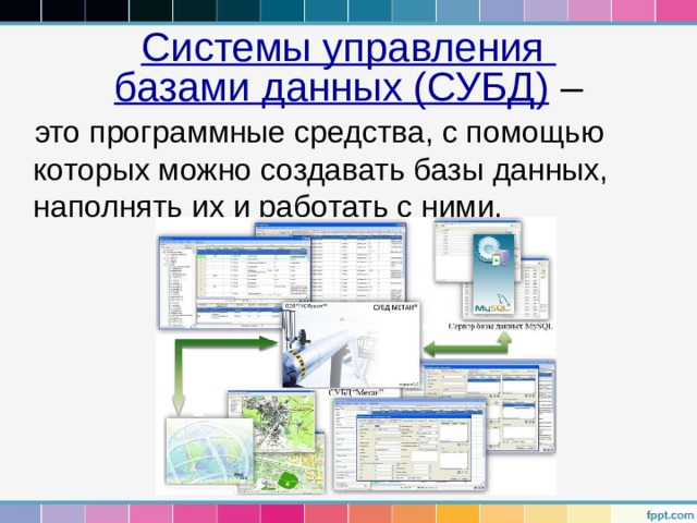 Системы управления  базами данных (СУБД) – это программные средства, с помощью которых можно создавать базы данных, наполнять их и работать с ними. 