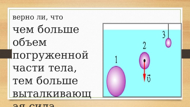 верно ли, что чем больше объем погруженной части тела, тем больше выталкивающая сила 