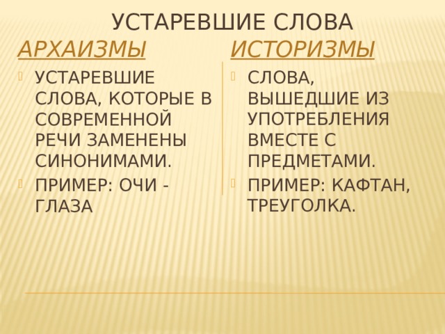 Устаревшие слова АРХАИЗМЫ ИСТОРИЗМЫ УСТАРЕВШИЕ СЛОВА, КОТОРЫЕ В СОВРЕМЕННОЙ РЕЧИ ЗАМЕНЕНЫ СИНОНИМАМИ. ПРИМЕР: ОЧИ - ГЛАЗА СЛОВА, ВЫШЕДШИЕ ИЗ УПОТРЕБЛЕНИЯ ВМЕСТЕ С ПРЕДМЕТАМИ. ПРИМЕР: КАФТАН, ТРЕУГОЛКА. 